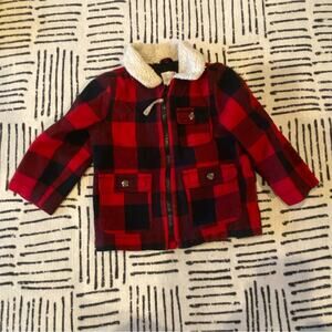 Red and Black Plaid Jacket with Sherpa Collar